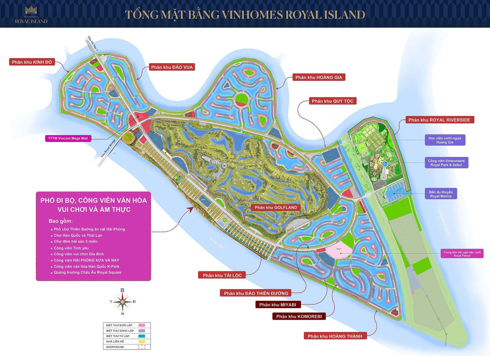 Mặt bằng tổng thể Vinhomes Royal Island và sơ đồ các phân khu trên đảo Vũ Yên