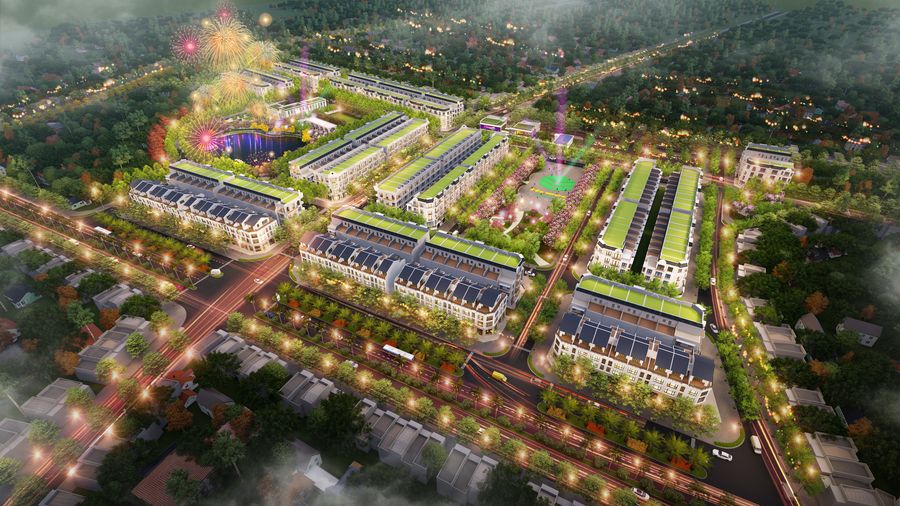 Quảng trường và dãy shophouse về đêm — Hawee Parkland Cao Thượng