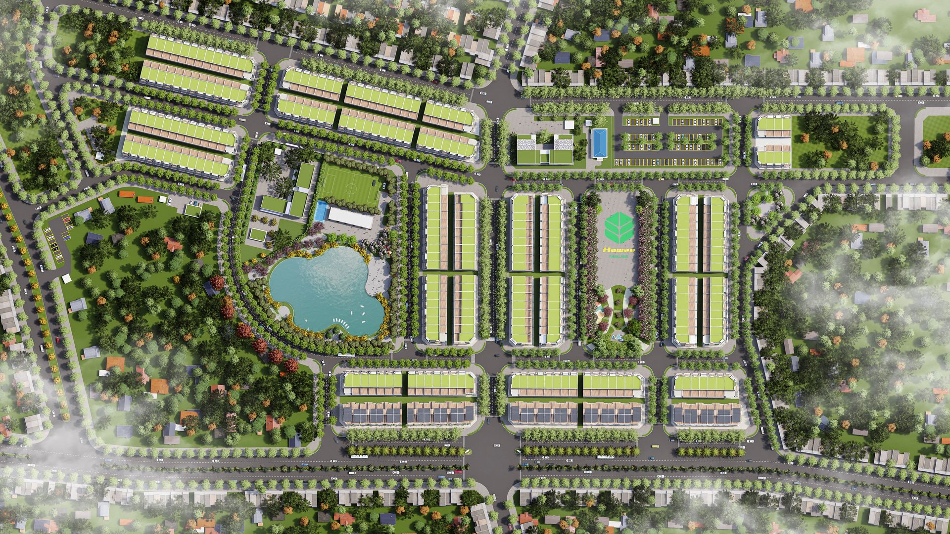 Mặt bằng tổng thể Hawee Parkland Cao Thượng nhìn từ trên cao: hồ điều hoà, quảng trường trung tâm, sân bóng và các dãy shophouse