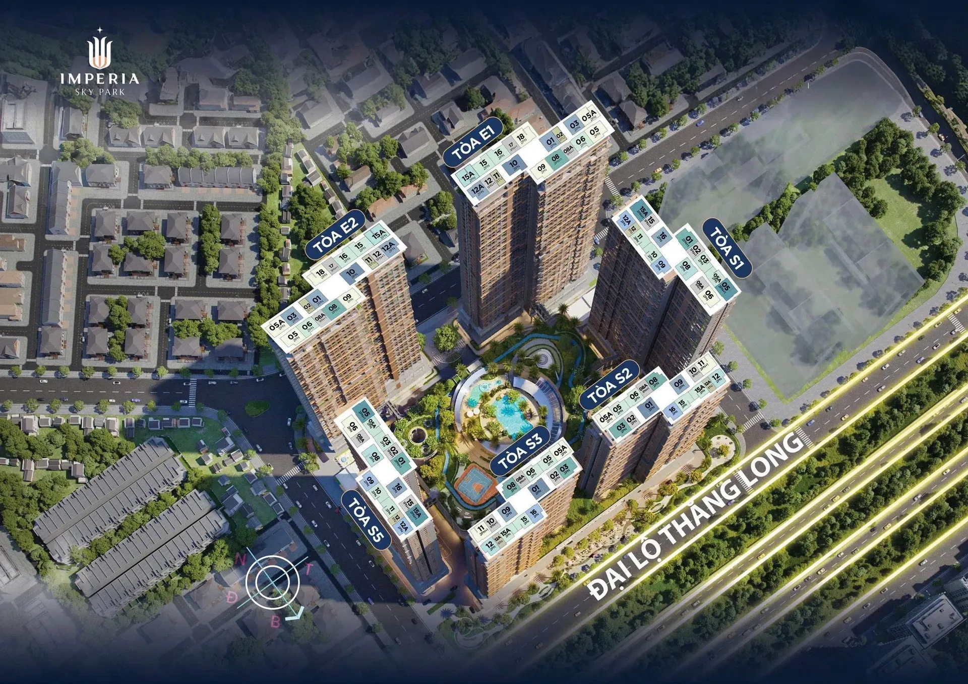 Mặt bằng tổng thể Imperia Sky Park với 6 toà S1, S2, S3, S5, E1, E2 bám Đại lộ Thăng Long