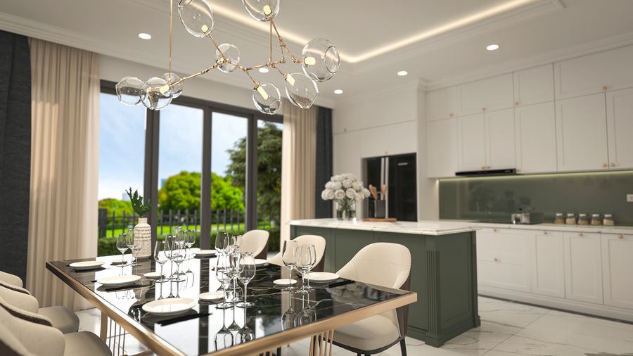 Bếp và đảo bếp nhà mẫu — Hawee Parkland Cao Thượng