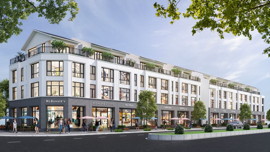 Mặt tiền shophouse nhìn từ vỉa hè — Hawee Parkland Cao Thượng
