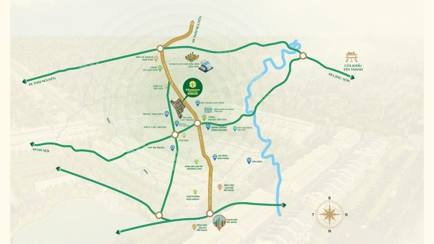 Bản đồ liên kết vùng Hawee Parkland Cao Thượng: trục đi Bắc Giang chạy qua trước dự án, các hướng đi Hà Nội, Thái Nguyên, Lạng Sơn và cửa khẩu Tân Thanh, cùng các điểm lân cận trong trung tâm Cao Thượng